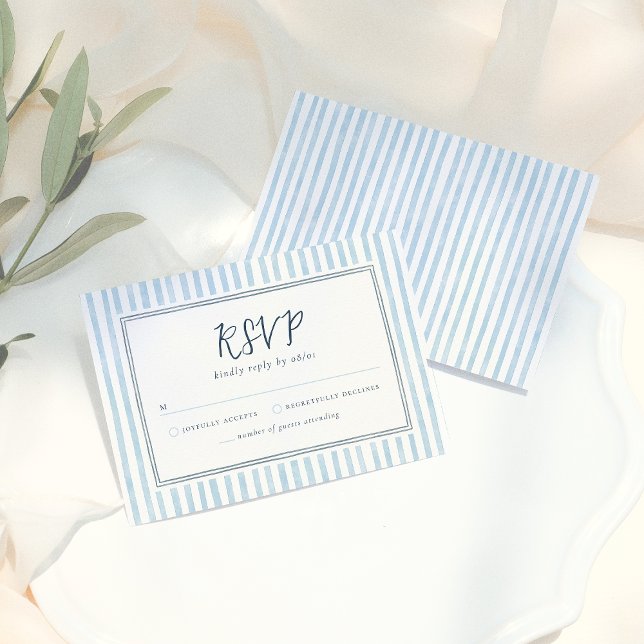 Retro Whimsical Blue Stripes Handdrawn RSVP Card (Criador carregado)