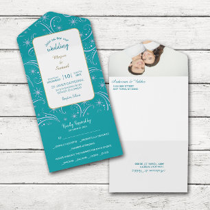 Retro White Snowflake Swirl sobre Casamento Teal