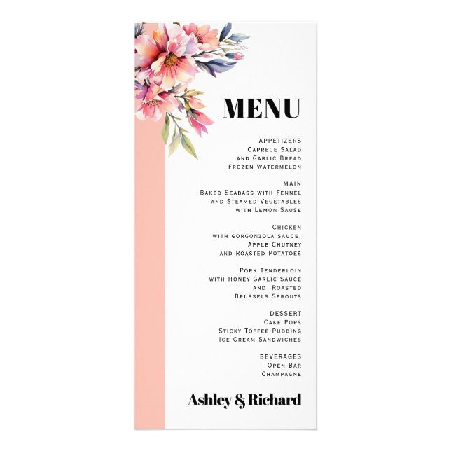 Rhododendron peach pink flowers wedding menu card (Frente)