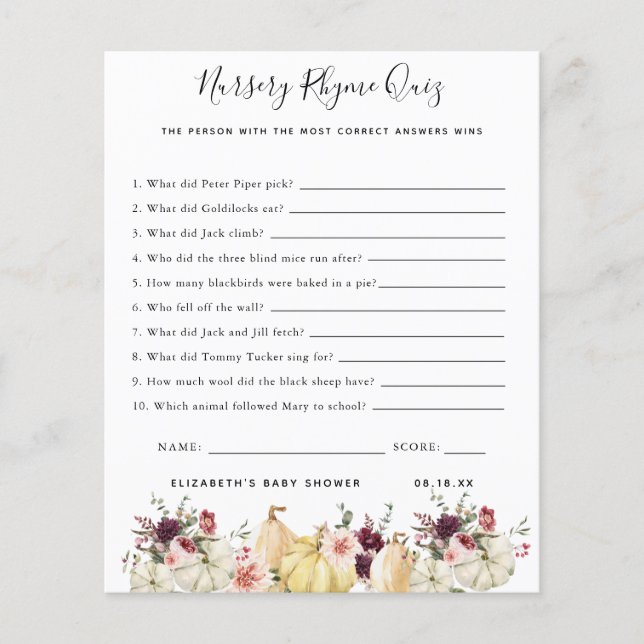 Rhyme Quiz | Jogo Chá de fraldas (Frente)