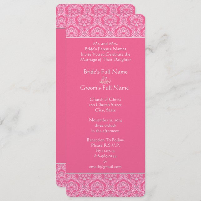 Rich Pink Damask Swirls Convite De Casamento (Frente/Verso)