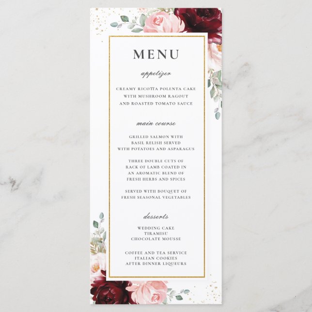 Rich Red Burgundy Blush Pink Floral Menu Casamento (Frente)