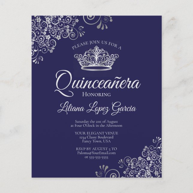 Rico Silver e Marinho BUDGET Quinceañera Convite (Frente)