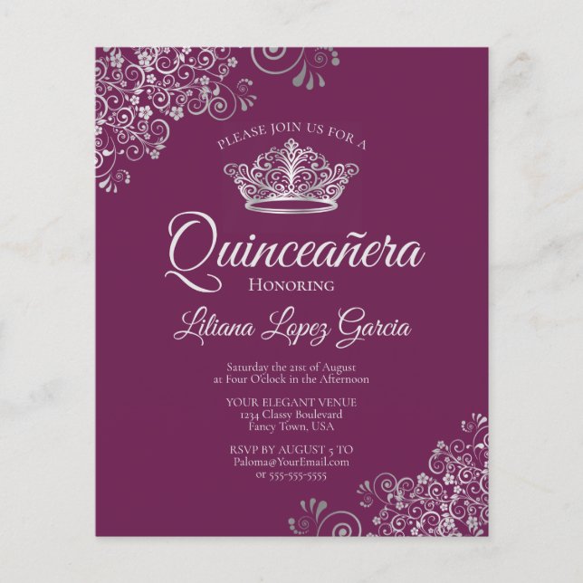 Rico Silver & Plum BUDGET Quinceañera Convite (Frente)