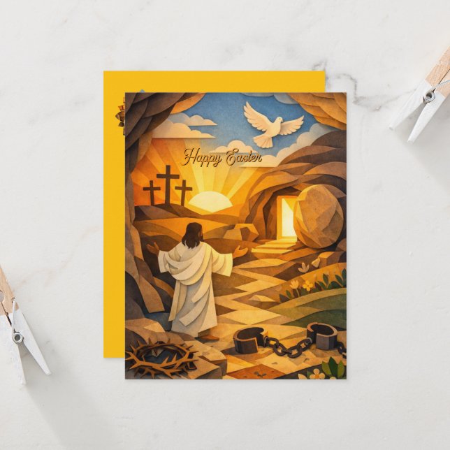 Risen Jesus Empty Tomb 3D Easter Flat Card (Frente/Verso In Situ)