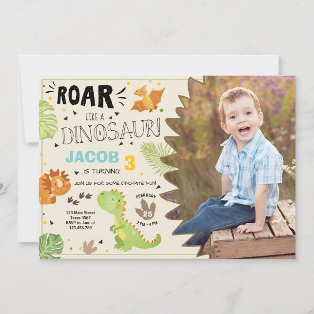 Roar Dinossaur convite de aniversário Dino Party B (Frente)
