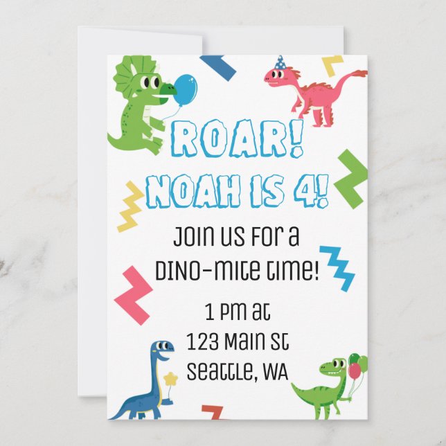 Roar, sou Convite de aniversário de 4 dinossauros (Frente)