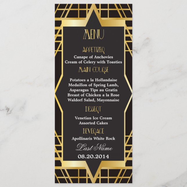 Roaring Twenties Gatsby Style Menu Casamento (Frente)