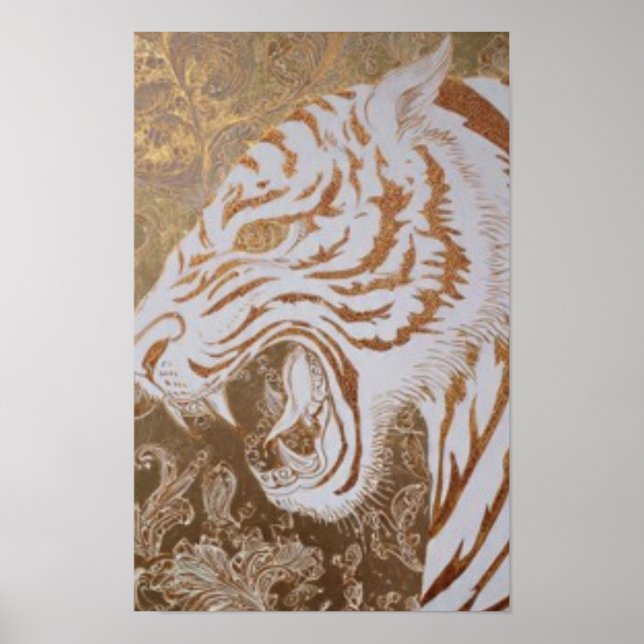Roaring White Tiger Poster – Ornate Gold Design (Frente)