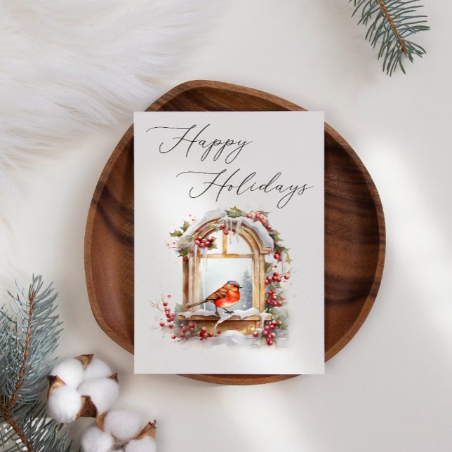 Robin Bird Winter Window Business Christmas Card (Criador carregado)