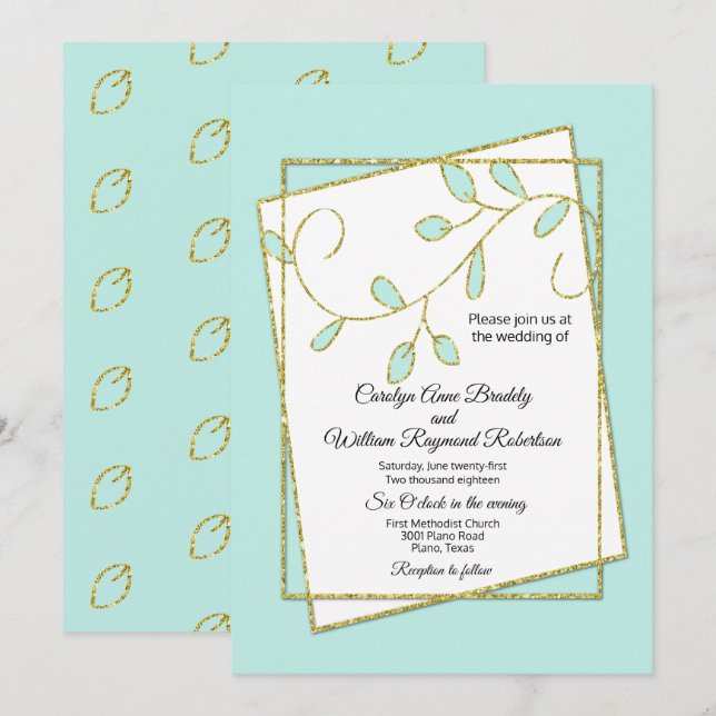 Robins Convite para Casamento de Folhas Azuis e Do (Frente/Verso)