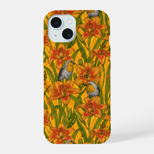 Robins e flores, cor de laranja e verde