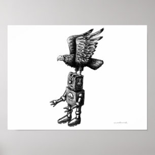 Robô engraçado com caneta de desenho de poster de