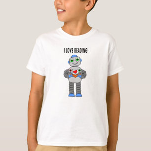 robô que lê o t-shirt de um miúdo dos desenhos