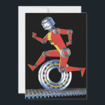 Robô Vintage Science Fiction Running with Wheel<br><div class="desc">Vintage ilution science fiction business design com um robot feliz, sorridente, feito com peças de máquinas. A mulher futurista ou o homem tem um sorriso e está correndo com uma engrenagem, uma engrenagem ou uma roda na esteira transportadora. Uma cara saudável de ficção científica ou corrida legal para a saúde,...</div>