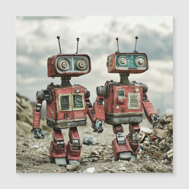 Robôs Retro Fofos de Amor de Braços Dadas (Frente)