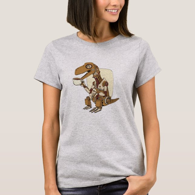 Robot Dinosaur Drinking Coffee  T-Shirt (Frente)