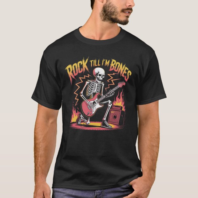 Rock até eu ser Bones Skeleton Guitar T-Shirt (Frente)