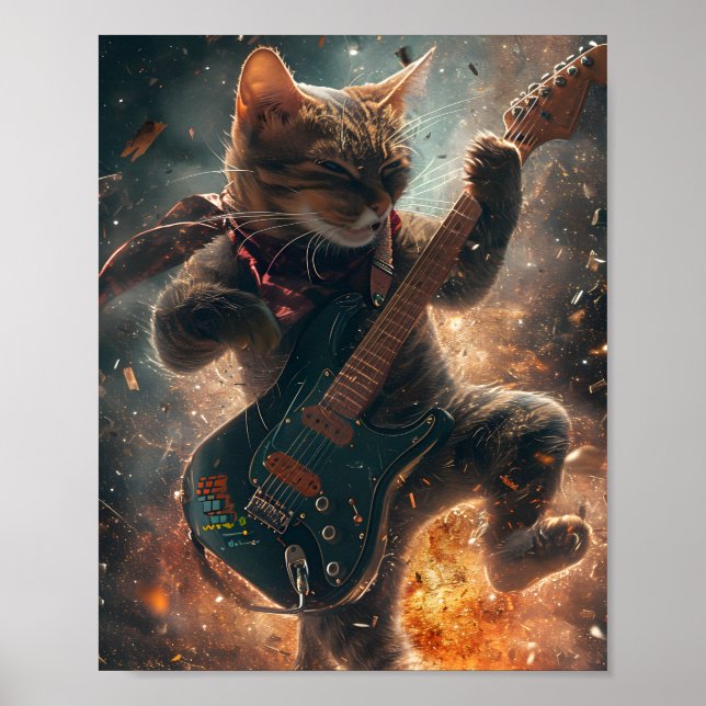 Rock Cat Tocando Poster de Violão (Frente)
