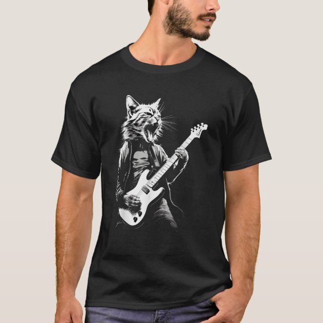 Rock Cat Tocando Violão Engraçado Guitarra Camisa  (Frente)