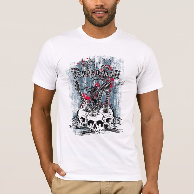 Rock n Roll, Guitarra Skulls, T-Shirt Masculina (Frente)