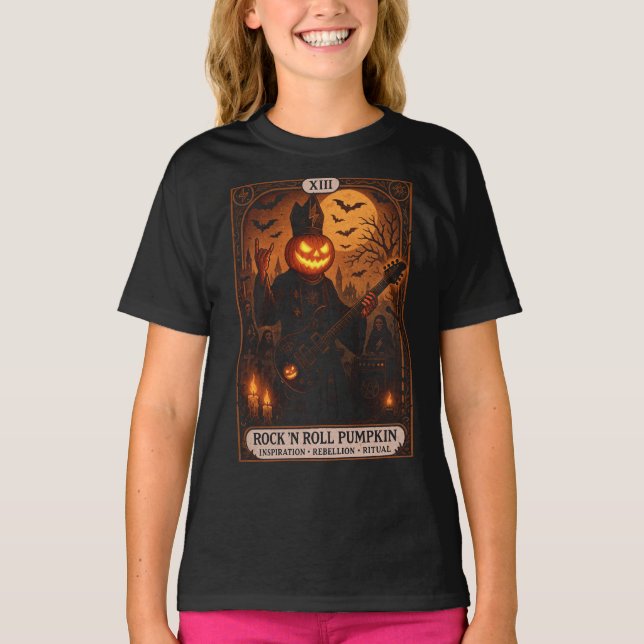 Rock 'N Roll Pumpkin Tarot Card Youth T-Shirt (Frente)