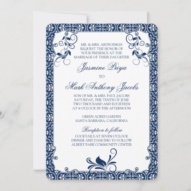 Rococo Floral Marinho Azul Convite para Casamento  (Frente)