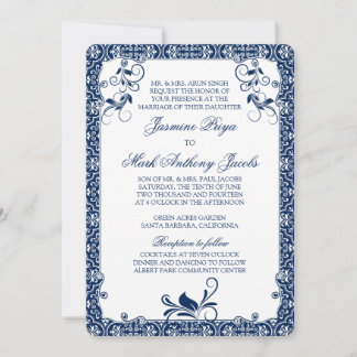 Rococo Floral Marinho Azul Convite para Casamento