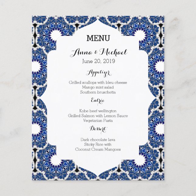 Rococo Indigo Belo Menu Casamento Azul (Frente)