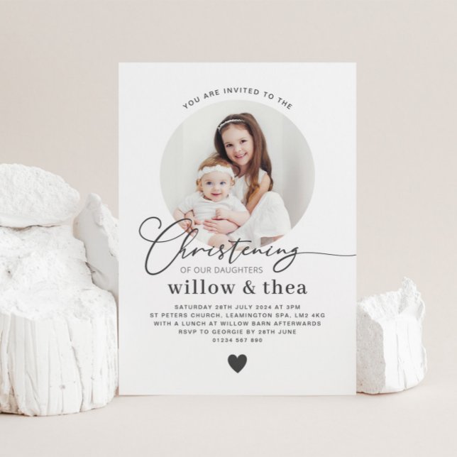 Roda Foto Conjunta Raparigas Christening Convite (Round Photo Joint Girls Christening Invitation)