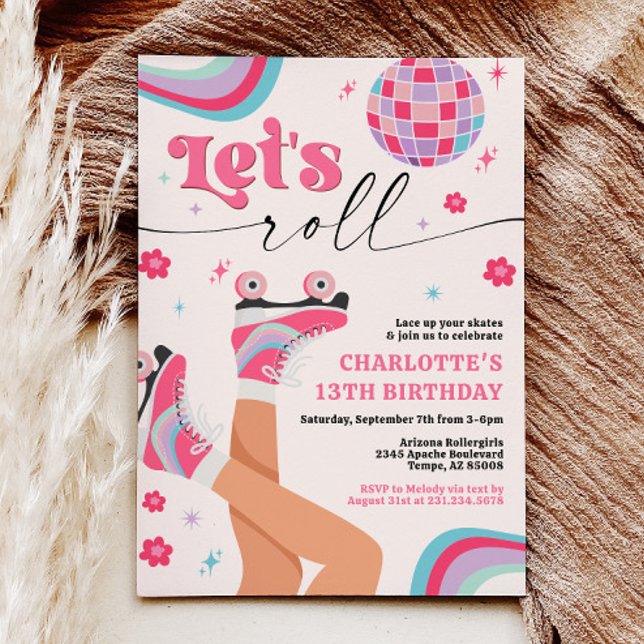 Roller Skating Birthday Convite Groovy Rainbow (Roller Skating Retro Groovy Birthday Invitation with Disco Ball and Daisies)