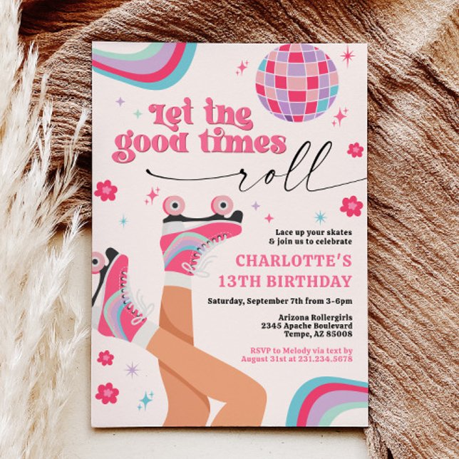 Roller Sking Aniversário Convite Retro Arco-Íris (Roller Skate Skating Retro Groovy Girl Birthday Invitations)