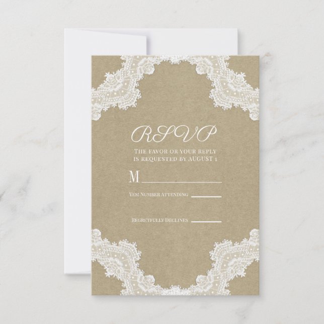 Romance Rústico Elegante Branco Renda & Kraft RSVP (Frente)