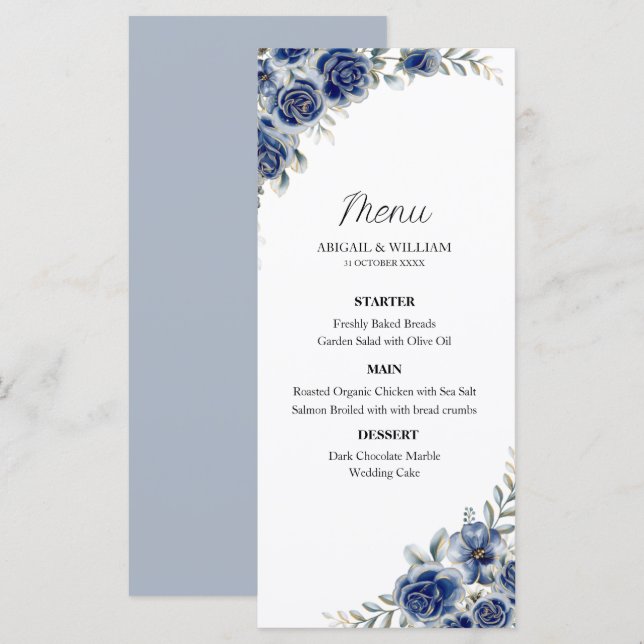 Romantic Blue Floral Botanical Wedding Menus Card (Frente/Verso)