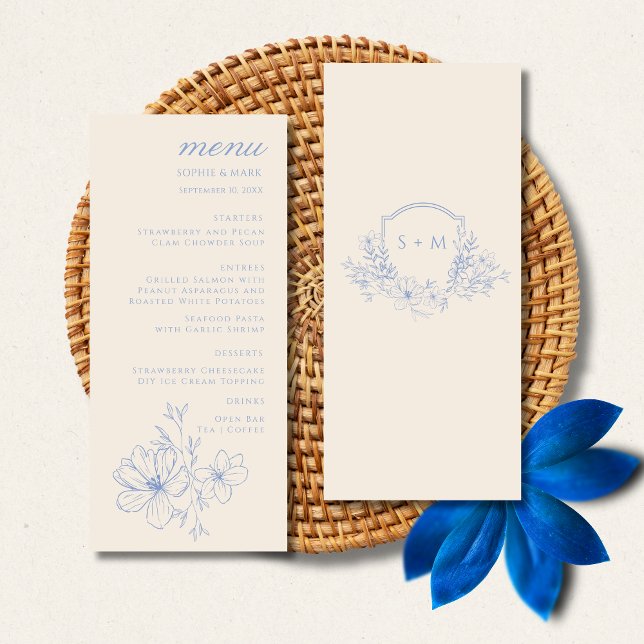 Romantic Blue Monogram Crest Floral Wedding Menu (Criador carregado)