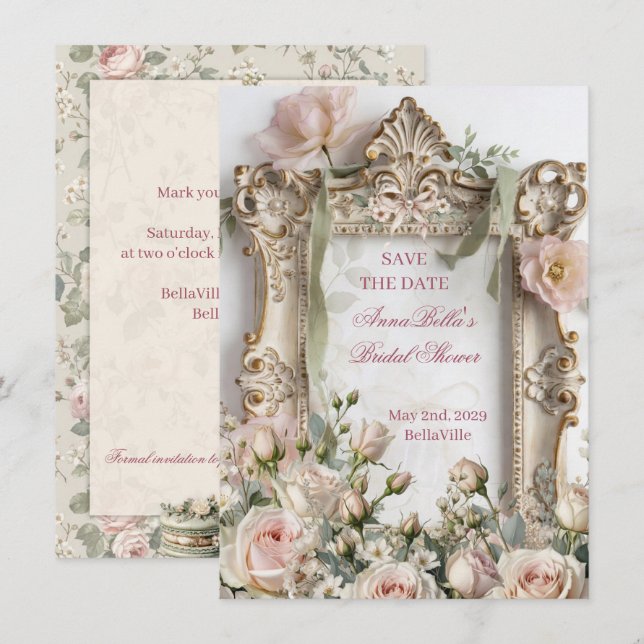 Romantic Bridal Shower Save the Date | Blush Rose  (Frente/Verso)