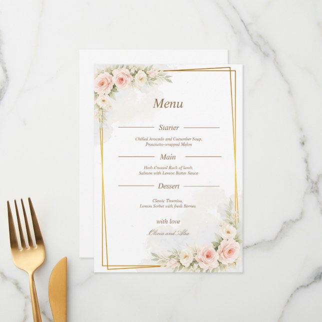 Romantic Floral Wedding Menu Dusty Blush Peony (Frente/Verso In Situ)