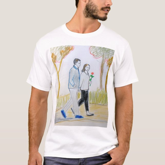 Romantic Hand-Drawn Couple Walking in Park t-shirt (Frente)