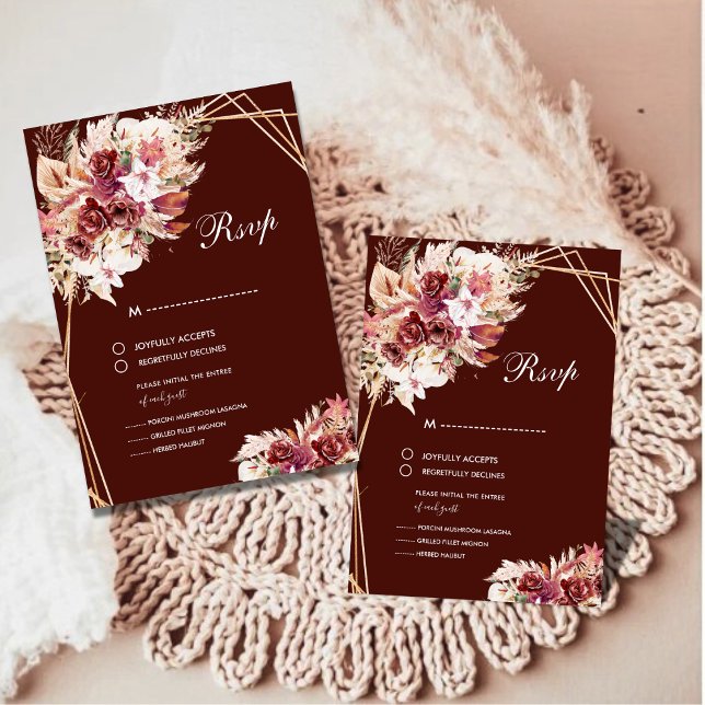 Romantic Pampas Wine Red Floral Wedding RSVP (Criador carregado)