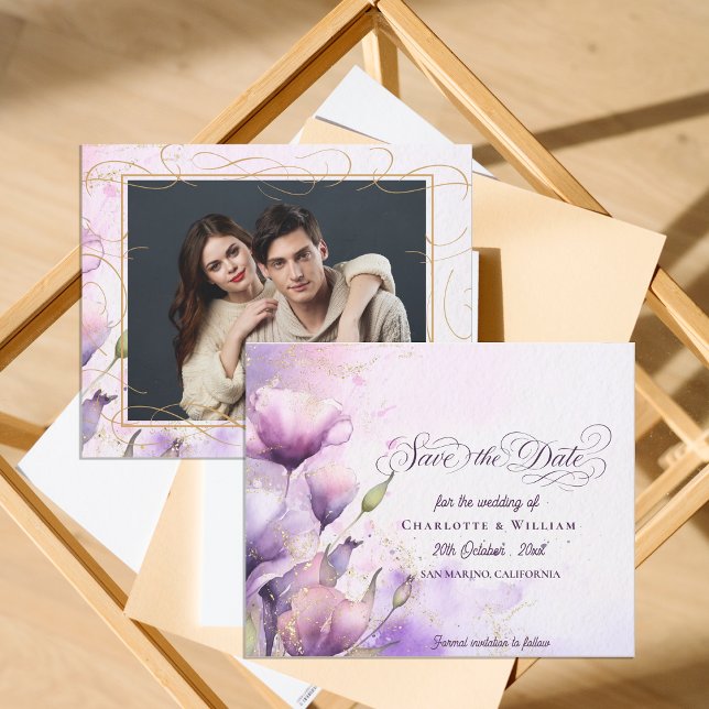 Romantic Purple Floral Wedding Photo Save the Date (Romantic Purple Floral Wedding Photo Save the Date)
