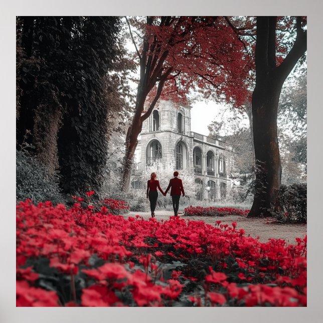Romantic Red Flowers Couple Square Wall Poster (Frente)