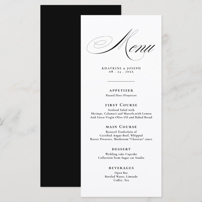 Romantic Script Calligraphy Details Menu Wedding (Frente/Verso)