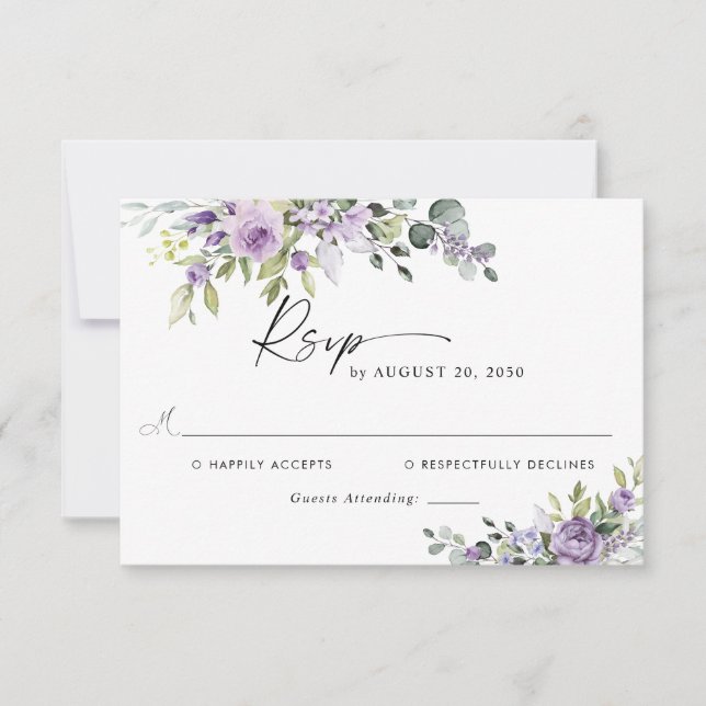 Romantic Violet Flowers Wedding RSVP Card (Frente)