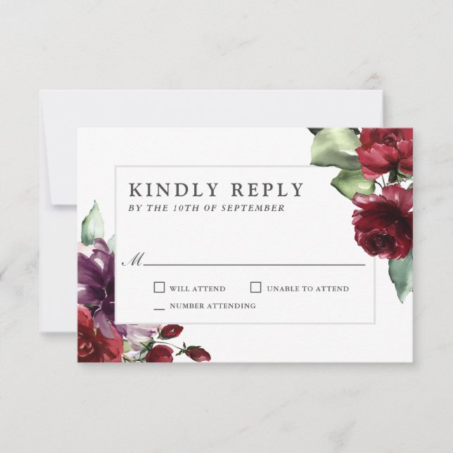 Romântica Borgonha e Plum Floral Wedding RSVP (Frente)