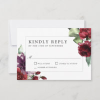 Romântica Borgonha e Plum Floral Wedding RSVP