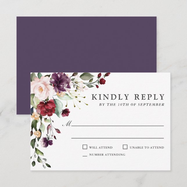 Romântica Borgonha e Plum Floral Wedding RSVP (Frente/Verso)