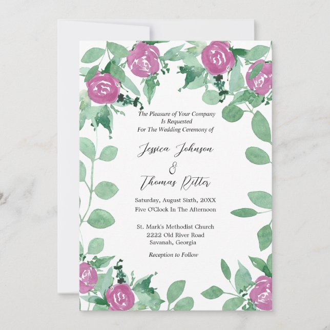 Romântica Eucalyptus Pink Roses Convite Para Casam (Frente)