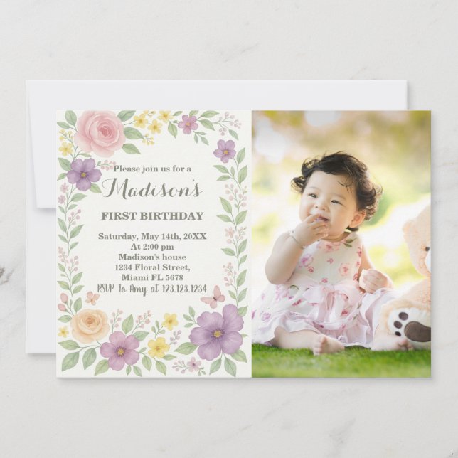 Romântica Floral Primeiro Convite de Aniversário (Frente)