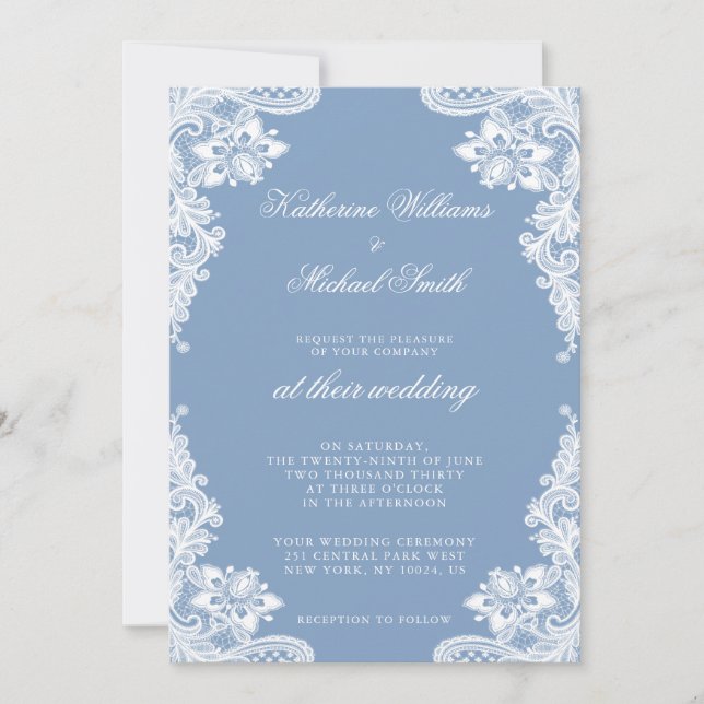 Romântica Lace Branco E Convites De Casamento Azul (Frente)