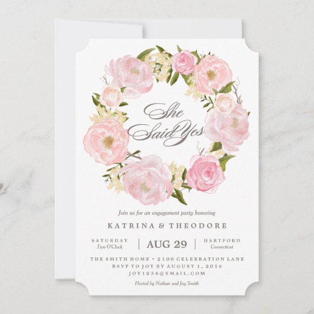 Romântica Wreath Ela Disse Sim Convite Noivado (Frente)